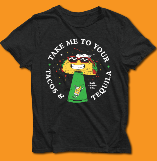 Black T-shirt with a cartoon taco wearing sunglasses perched on a green tequila bottle, surrounded by confetti and the text 'Take me to your tacos & tequila'.