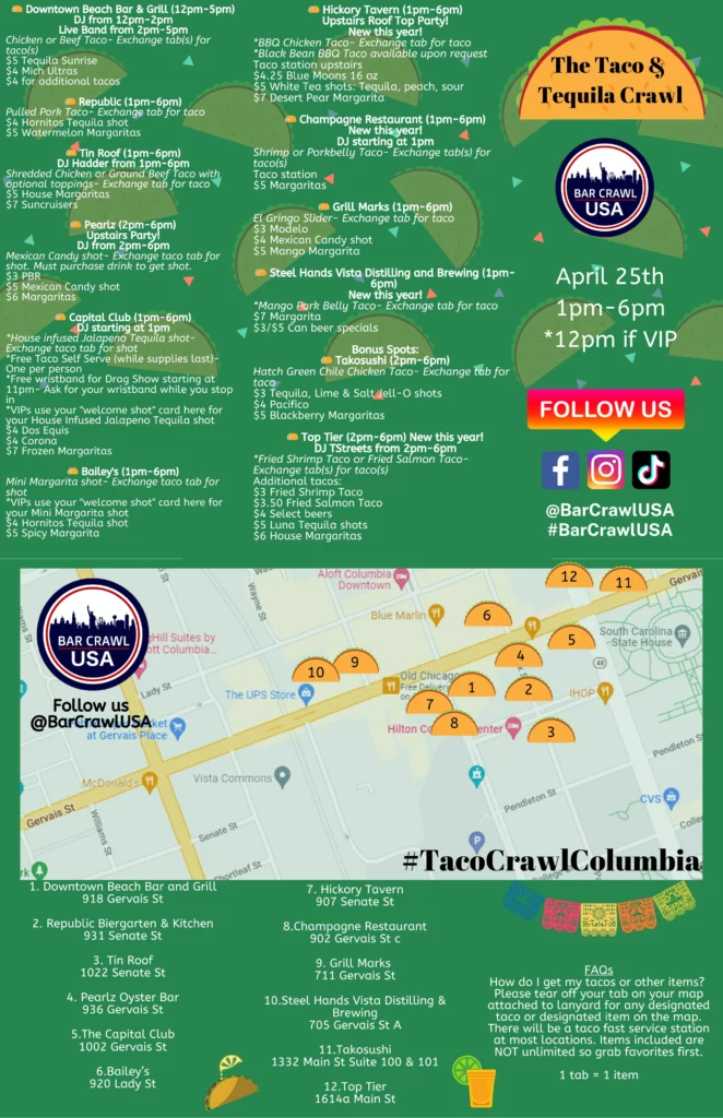 Event poster for The Taco & Tequila Crawl with date (April 25) and venue listings on a map background.