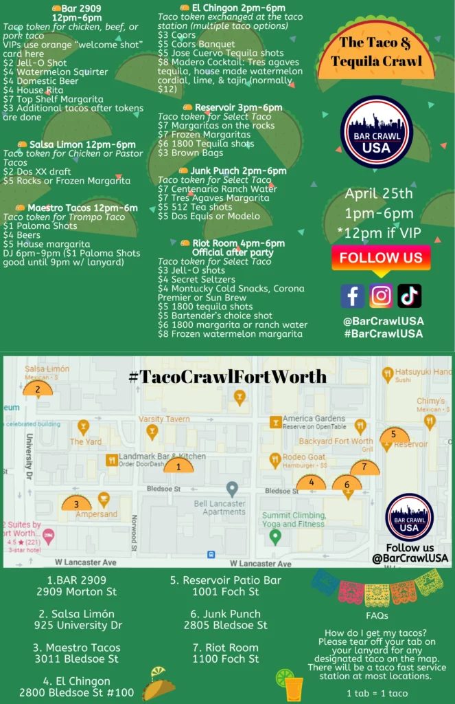 Poster for The Taco & Tequila Crawl with event details, dates, and map icons; follow @BarCrawlUSA.