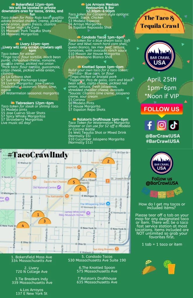 Event poster for a Bar Crawl Indy on April 25th with a map of participating venues and a 'Follow Us' section on a green background.