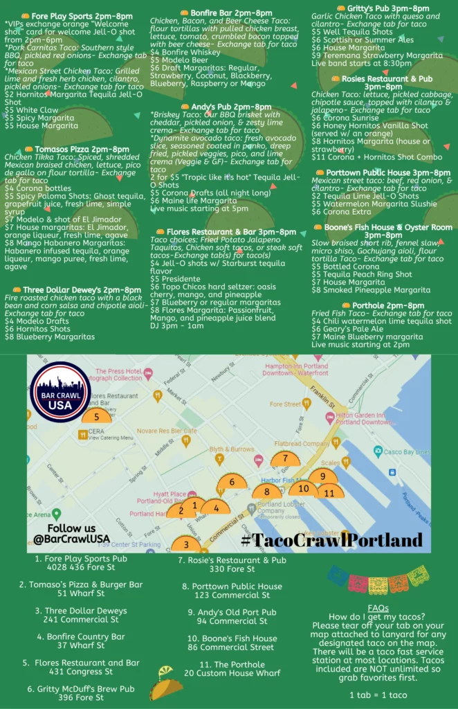 Green map graphic for a Portland taco crawl; orange numbered pins mark participating venues across downtown, with a list of bar/restaurant names on a green background.