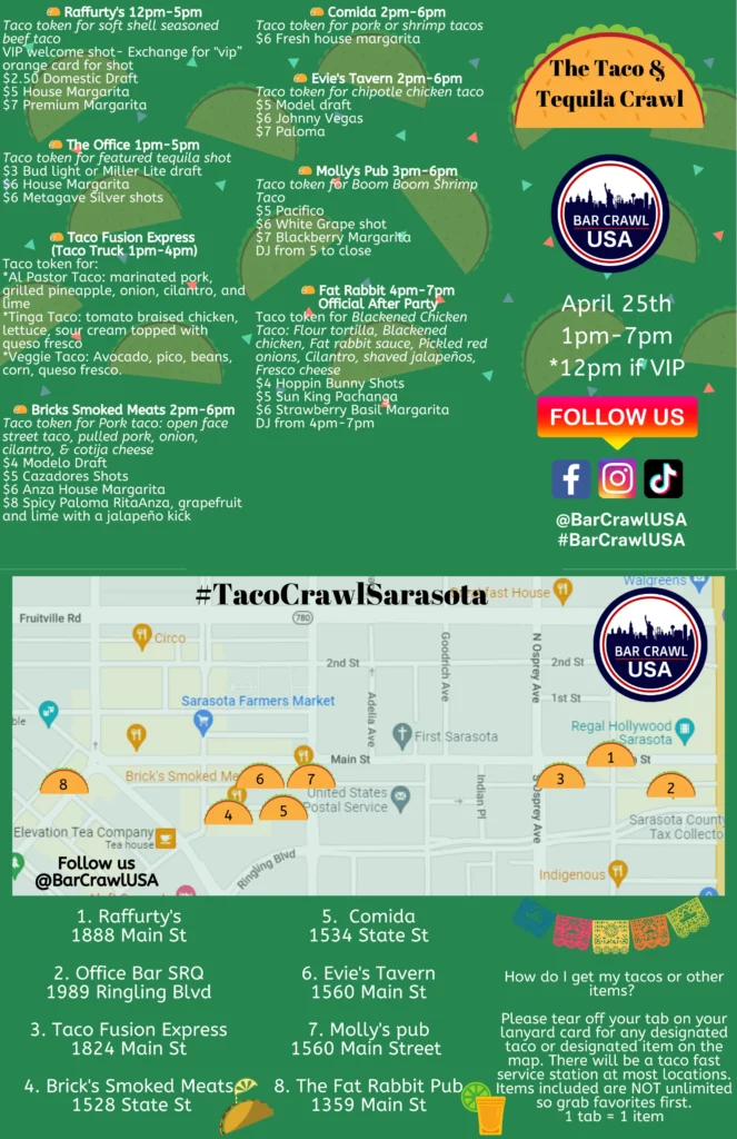 Poster for The Taco & Tequila Crawl with event schedule, map markers, logos, and venue list for Sarasota, showing date April 25, 1–7 pm (VIP 12 pm).